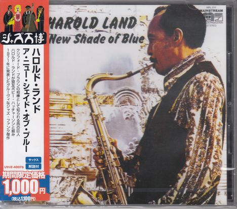 "Harold Land: A New Shade of Blue" steht oben. Ein Mann spielt Saxophon, links steht japanischer Text mit Preisangabe.