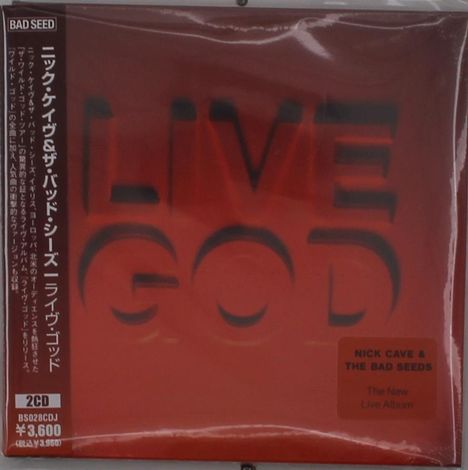 "Nick Cave & The Bad Seeds. LIVE GOD. 2CD ¥3,600. The New Live Album." Rotes Cover mit schattierten Buchstaben und Text.