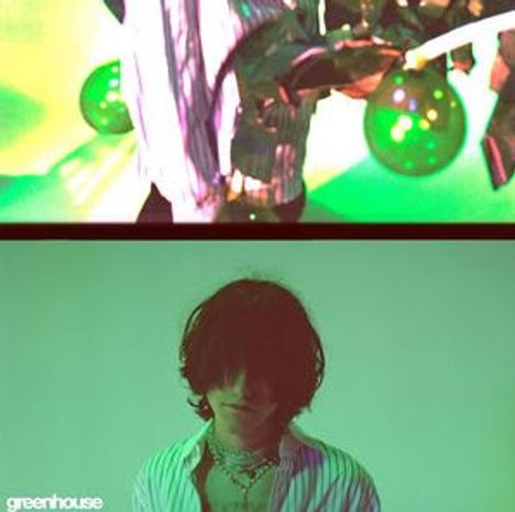 Text "greenhouse" unten. Oben bunte Lichter und ein Mann im Hemd. Unten ein Mann mit dunklem Haar im grünen Licht.