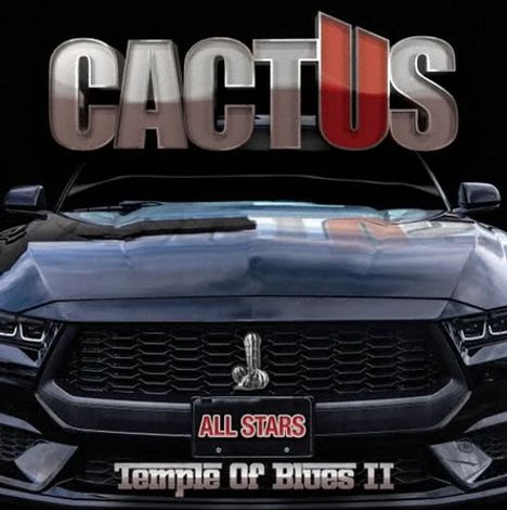 Text: „CACTUS“, „ALL STARS“, „Temple Of Blues II“. Abgebildet ist die Front eines schwarzen Sportwagens.