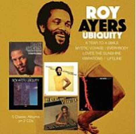 "ROY AYERS UBIQUITY" - Fünf Alben-Cover, Mann mit Bart und afro, gelber Hintergrund.