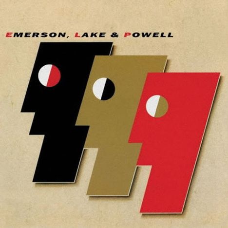 EMERSON, LAKE & POWELL oben. Drei abstrakte Gesichter, schwarz, gold und rot, nebeneinander auf beigem Hintergrund.