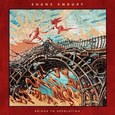 "SHANE EMBURY" und "BRIDGE TO RESOLUTION". Illustration eines brennenden Brücke mit abstrakten Figuren am Himmel.