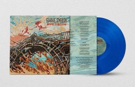 "SHANE EMBURY" und "RISE TO BECOME" auf Albumcover mit abstrakter Kunst: Brücke, Feuer, blauer Himmel; blaue Schallplatte.