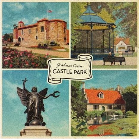 Text: "Graham Coxon CASTLE PARK". Vier Bilder: Burg, Pavillon im Park, Engelstatue, Haus am Fluss.