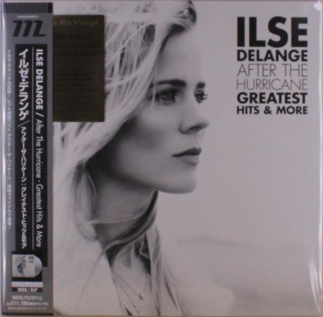 Texte: "ILSE DELANGE AFTER THE HURRICANE GREATEST HITS & MORE." Schwarz-weißes Profilfoto einer Frau.