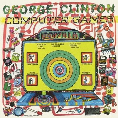 GEORGE CLINTON COMPUTER GAMES. Bunter Arcade-Automat mit verrückten Illustrationen und Farben umliegend.