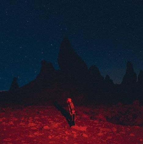 Kein Text sichtbar. Eine rote Landschaft bei Nacht mit einem Skelett im Vordergrund, das auf felsige Spitzen schaut.