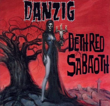 "DANZIG" und "DETH RED SABOATH" auf rotem Hintergrund, Skelettfigur in dunklem Gewand mit Kerzenleuchter und Baum.