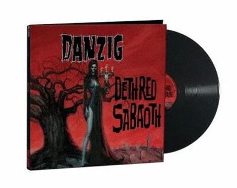 „Danzig“ und „Deth Red Sabaoth“ stehen auf einem roten Albumcover mit einer düsteren Gestalt und einem kargen Baum.
