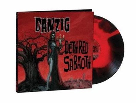 "Danzig Death Red Sabaoth" steht in gotischer Schrift auf einem roten Hintergrund, mit einem düsteren Baum und einer Figur.
