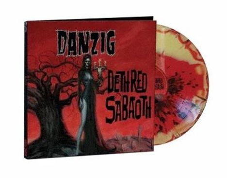 "Danzig Deth Red Sabaoth" in gotischer Schrift; Illustration: Dunkle Gestalt mit Kerzen vor einem Baum; rotes Vinyl.