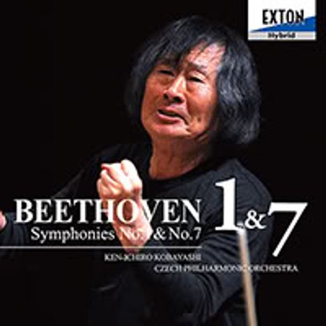 "BEETHOVEN Symphonies No. 1 & No. 7" steht in großen Buchstaben. Ein Dirigent mit dunklem Haar dirigiert energisch.