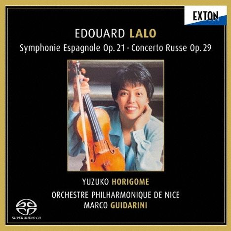 Titel: Edouard Lalo. Symphonie Espagnole Op. 21 - Concerto Russe Op. 29. Bild: Frau mit Geige, lächelnd.