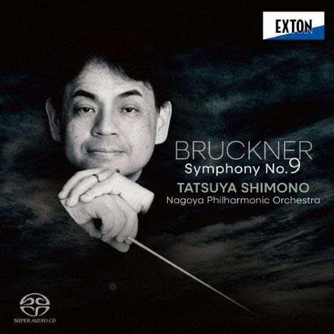Text: "BRUCKNER Symphony No. 9", "TATSUYA SHIMONO", "Nagoya Philharmonic Orchestra". Schwarz-weiß Porträt, Exton-Logo.