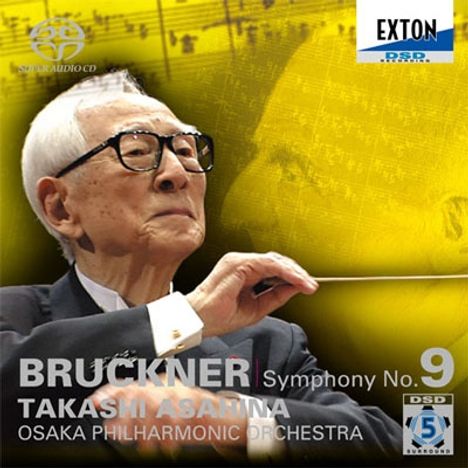 "BRUCKNER Symphony No. 9, Takashi Asahina, Osaka Philharmonic Orchestra" Schriftzug. Dirigent mit Taktstock.