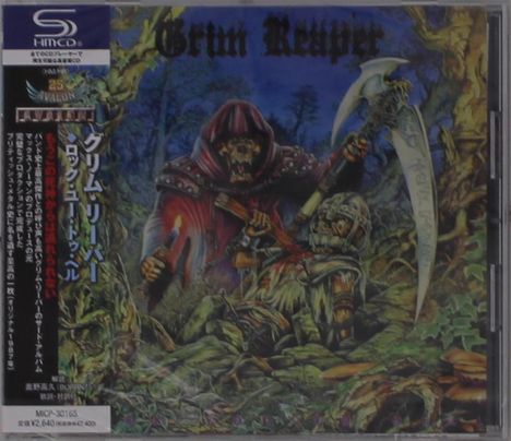 "Grim Reaper" in gotischer Schrift. Ein Skelett in Robe hält eine Sense in einem düsteren, waldartigen Szenario.