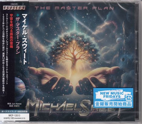 Oben steht "THE MASTER PLAN", unten "MICHAEL SWEET". In der Mitte halten Hände einen leuchtenden Baum, umgeben von kosmischem Hintergrund.