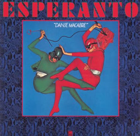 Oben steht "ESPERANTO", darunter "DANSE MACABRE". Illustration von zwei maskierten Figuren im Tanz.