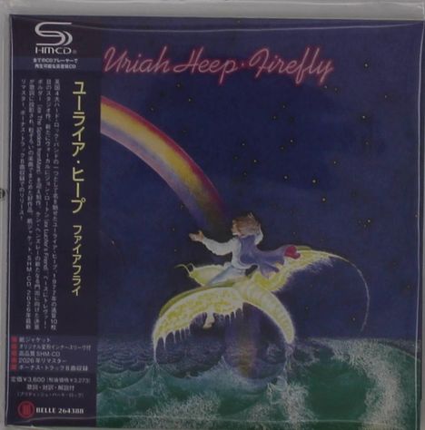 "Uriah Heep: Firefly" in pink. Japanische Schriftzeichen auf der linken Seite. Illustration: Person auf einem geflügelten Wesen.