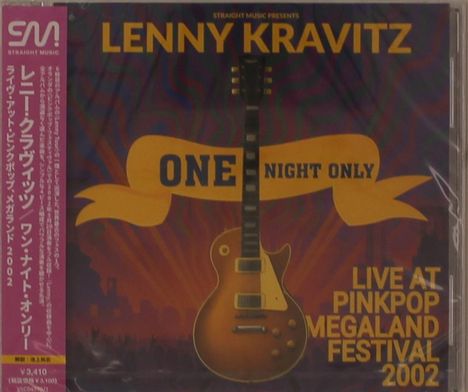 Texte: "LENNY KRAVITZ", "ONE NIGHT ONLY", "LIVE AT PINKPOP MEGALAND FESTIVAL 2002". Illustration: Gitarre vor Sonnenstrahlen.