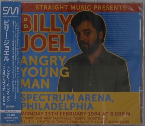 "Billy Joel, Angry Young Man, Spectrum Arena, Philadelphia, Monday 13th February 1984 at 8.00 P.M." Ein Mann im Hintergrund.