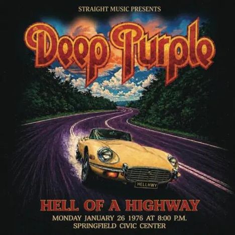 „Straight Music Presents Deep Purple, Hell of a Highway, Montag, 26. Januar 1976, 20 Uhr, Springfield Civic Center“. Gelbes Auto auf Straße bei Sonnenuntergang.