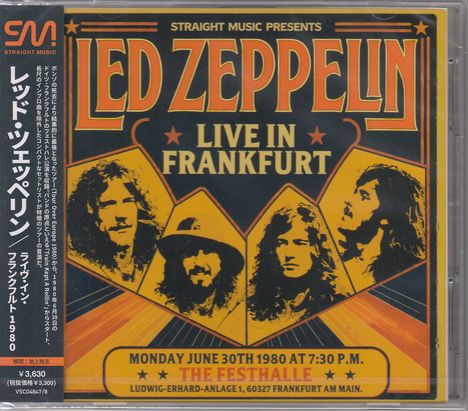 "Led Zeppelin Live in Frankfurt, Monday June 30th 1980 at 7:30 P.M. The Festhalle." Vier Bandporträts, Retro-Design.