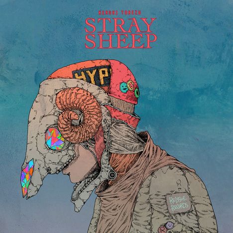Text: "Kenshi Yonezu, STRAY SHEEP, HYPE, Reissue Records.” Illustration: Person mit Widderhelm und bunten Details.