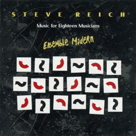 STEVE REICH, Music for Eighteen Musicians, Ensemble Modern - weiße Quadrate mit roten und schwarzen abstrakten Zeichen.