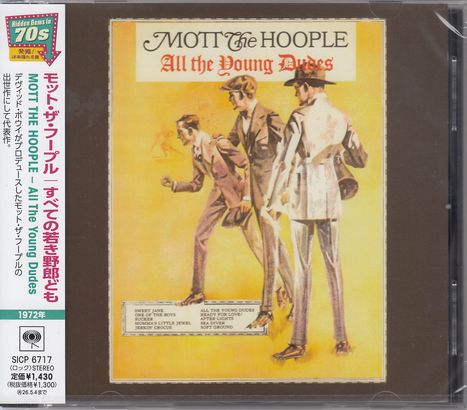 "MOTT the HOOPLE, All the Young Dudes" sowie mehrere Liedtitel. Illustration: Drei elegante Männer von der Seite.