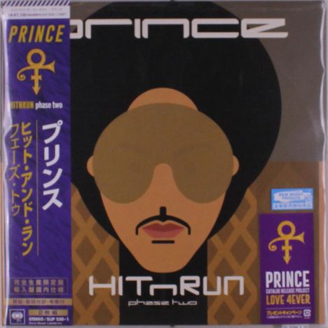 "PRINCE", "HITnRUN phase two" in weißem Text. Illustration eines Gesichts mit großem Afro, runden Sonnenbrillen und kleinem Schnurrbart.