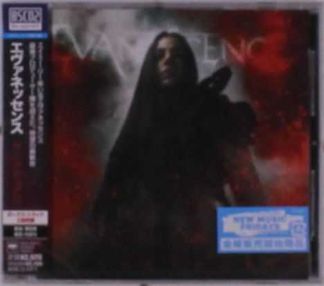 Texte: "Evanescence", "New Music", "Fridays". 
Motiv: Dunkel gekleidete Person in nebligem, rot-schwarzem Hintergrund.