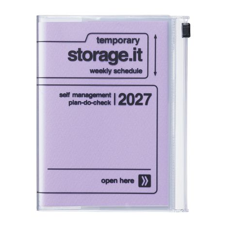 "temporary storage.it weekly schedule 2027" in schwarzem Text auf lila Hintergrund, Reißverschluss rechts.