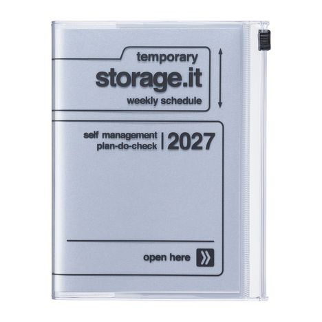 "temporary storage.it weekly schedule, self management plan-do-check 2027, open here." Transparent Hülle mit Reißverschluss.