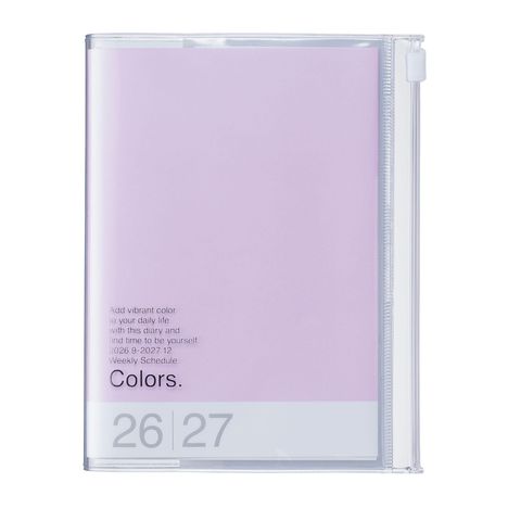 Text: "Add vibrant color to your daily life". Kalender mit lila Cover und transparenter Hülle, Jahreszahlen 26 und 27.