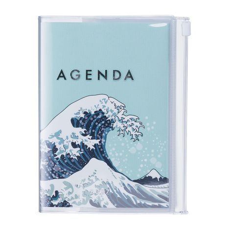 Text: "AGENDA". Illustration einer großen Welle im japanischen Stil auf blauem Hintergrund.
