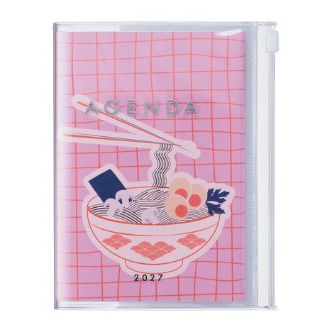 Text: "AGENDA 2027". Illustration einer Ramen-Schüssel mit Essstäbchen auf rosa Hintergrund mit Gitternetzmuster.