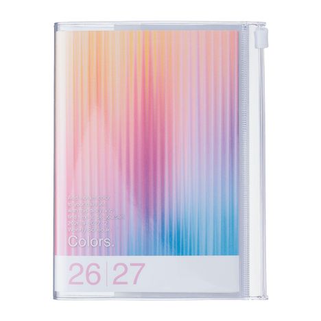 Text: „Add vibrant color to your daily life... 2026.9-2027.12 Weekly Schedule Colors. 26 27“. Bunte Streifen in Rosa, Blau.
