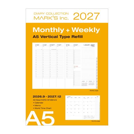 "DIARY COLLECTION MARK'S Inc. 2027. Monthly + Weekly A5 Vertical Type Refill. 2026.9 - 2027.12. A5 Size."