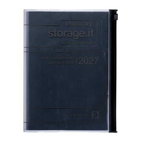 Auf der Vorderseite steht: "temporary storage.it weekly schedule, self management plan-do-check | 2027, open here". Es hat einen Reißverschluss.