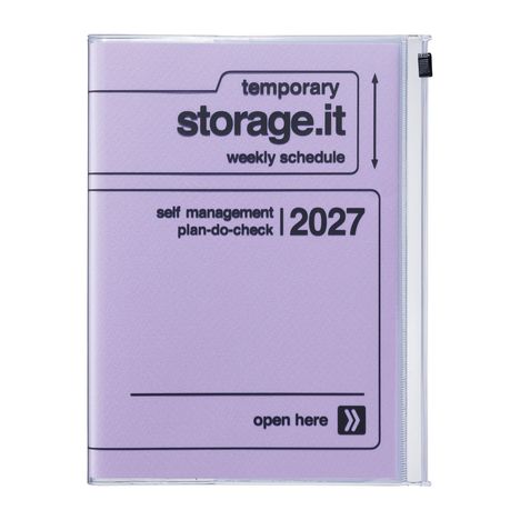 Lila Einband mit Text: "temporary storage.it weekly schedule 2027." Enthält Anweisungen zur Selbstverwaltung.