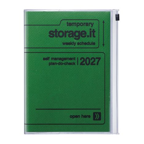 Text: "temporary storage.it weekly schedule", "self management plan-do-check | 2027", "open here". Cover in Grün.