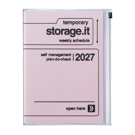 Text auf hellrosa Hintergrund: "temporary storage.it weekly schedule 2027 self management plan-do-check open here".