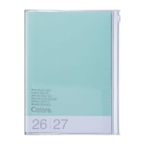 Text: "Add vibrant color to your daily life with this diary and find time to be yourself. 2026.9-2027.12 Weekly Schedule Colors: 26 27"  
Ein einfacher, mintgrüner Planer.