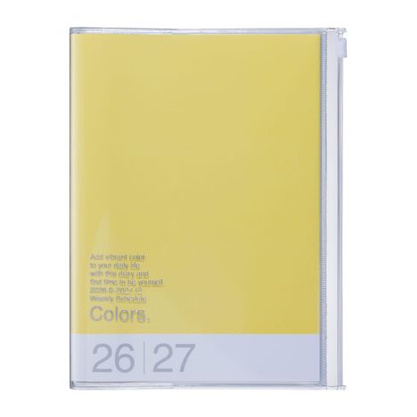 Text: "Add vibrant color to your daily life...Colors. 2023.9-2027.12 Weekly Schedule 26 27". Gelbes Tagebuch mit transparentem Umschlag.