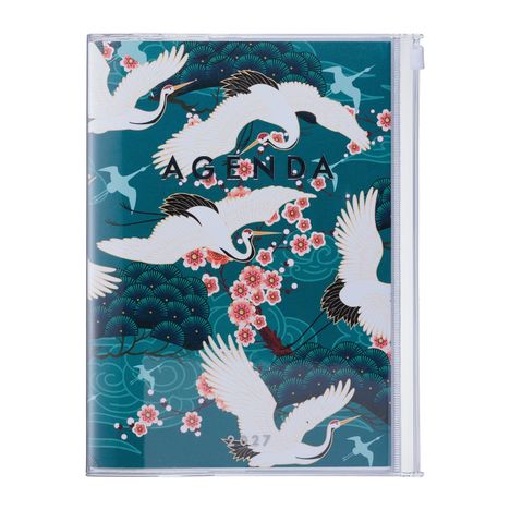 Text: "AGENDA 2027". Illustration: Elegante weiße Kraniche fliegen um blühende Kirschblüten vor einem türkisfarbenen Hintergrund.