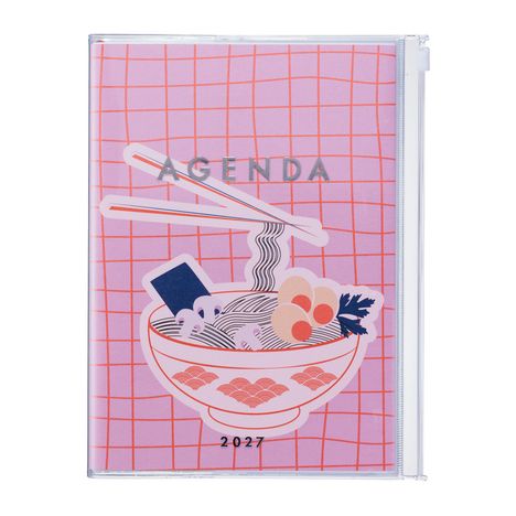 Text: "AGENDA" und "2027." Illustration einer Schüssel mit Ramen, Stäbchen in rosafarbenem Rasterhintergrund.