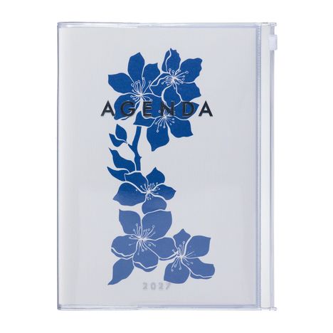 Text: "AGENDA 2027". Illustration: Blaue Blumen auf weißem Hintergrund. Minimalistisches Design.