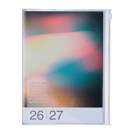 Text: "Add vibrant color to your daily life with this diary and find time to be yourself. 2023.9-2027.12 Weekly Schedule Colors. 26 27."  
Ein unscharfer, farbenfroher Hintergrund.
